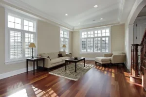 Living Room With Brown Hardwood Flooring